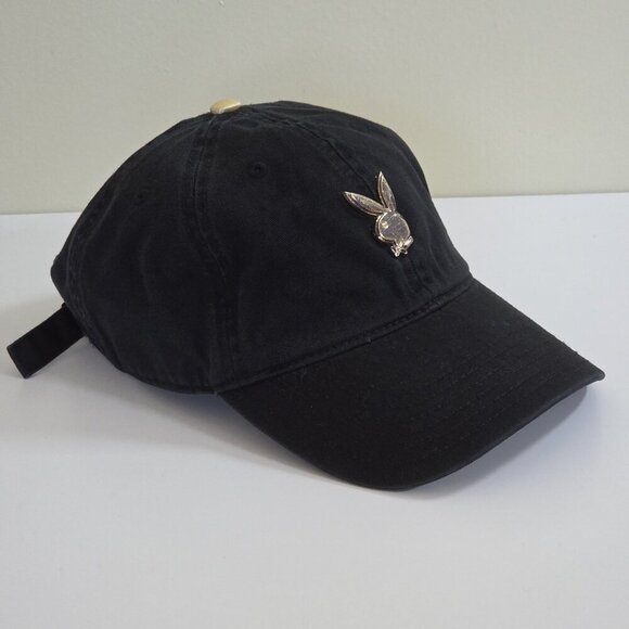 Playboy Lids Black Strapback Hat Cap Cotton Embroidery Metal Bunny Adjustable - Picture 1 of 15